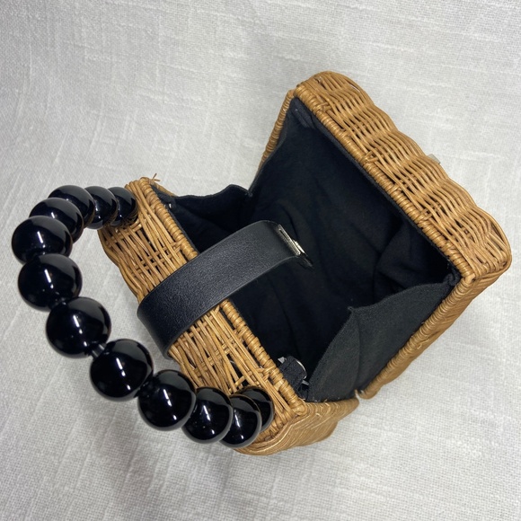 Small Straw Rattan Wicker Bag with Black Bead Handle & Twist Clasp Closure - Picture 10 of 13